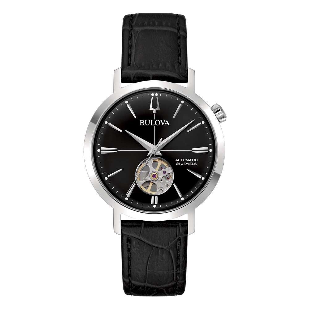 orologio Bulova Aerojet 38mm 96a317, modello cassa acciaio e cinturino pelle nera