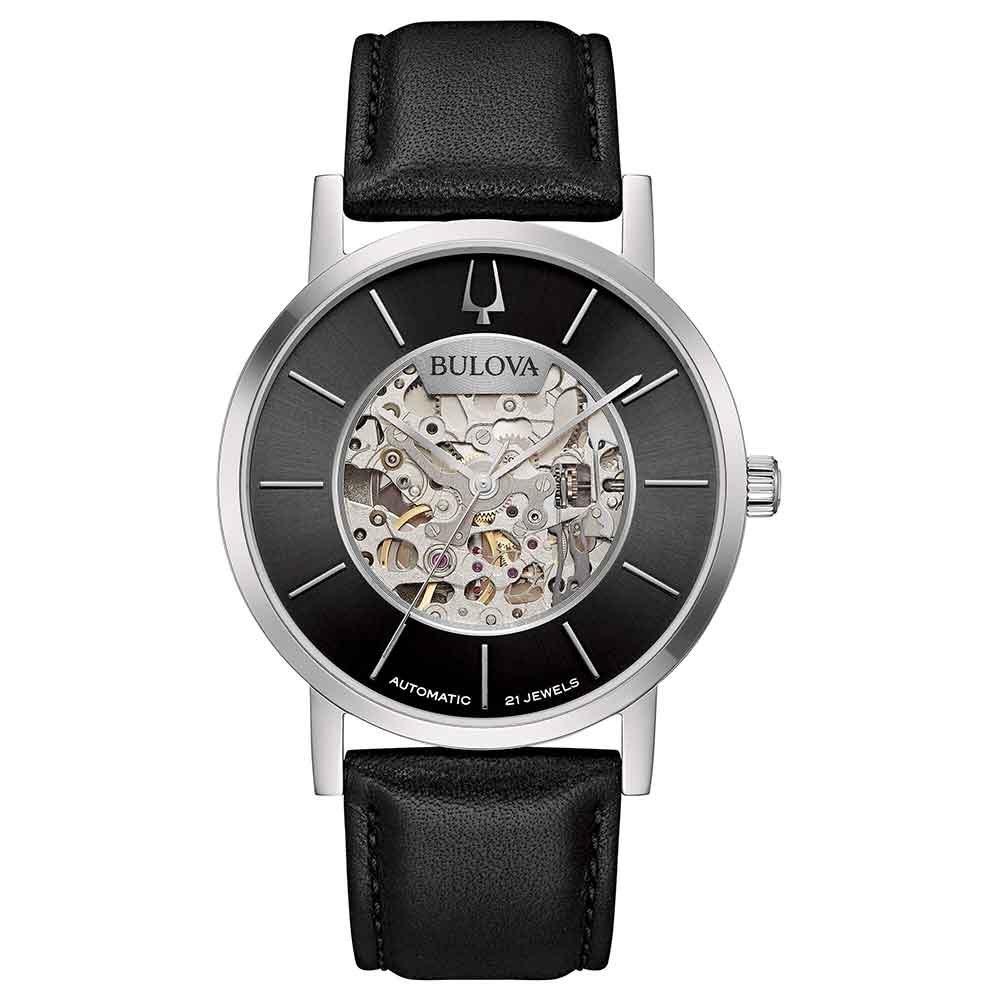 orologio Bulova Clipper Skeleton 96A279, modello da uomo in acciaio e pelle, automatico