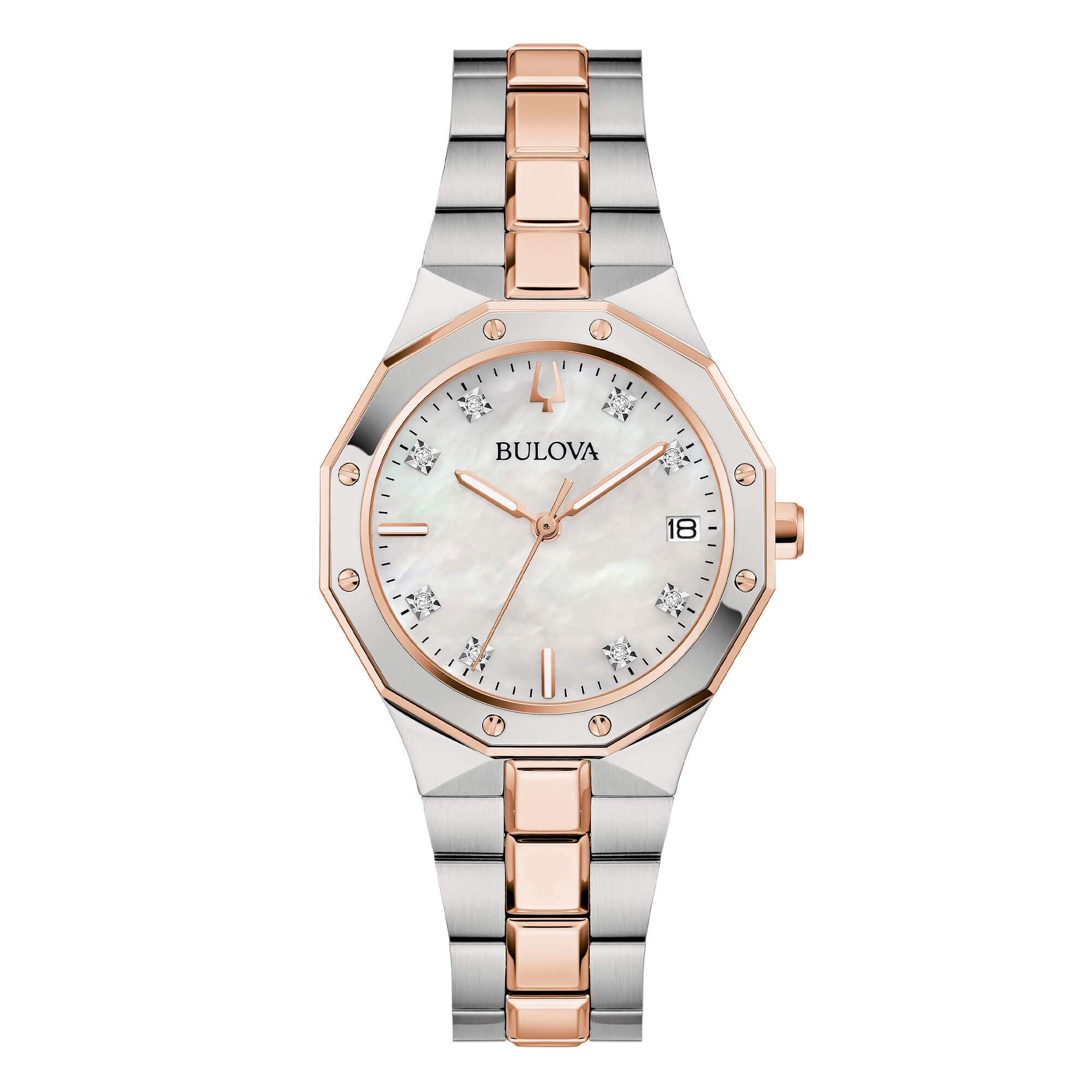 orologio Bulova Octagon Lady bicolore 98P235, in acciaio e acciaio rosato, quadrante madreperla e diamanti, al quarzo