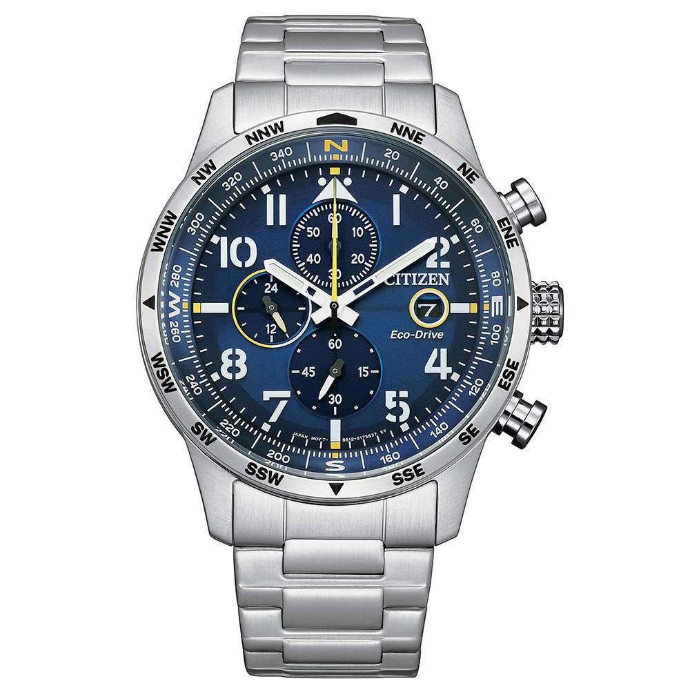 orologio Citizen Aviator Crono CA0790-83L, cronografo eco drive, subacqueo, quadrante blu