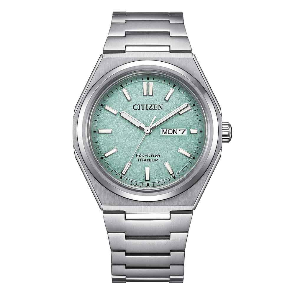orologio Citizen Super Titanium AW0130-85M, in super titanio, vetro zaffiro, quadrante turchese, solo tempo, subacqueo 100m