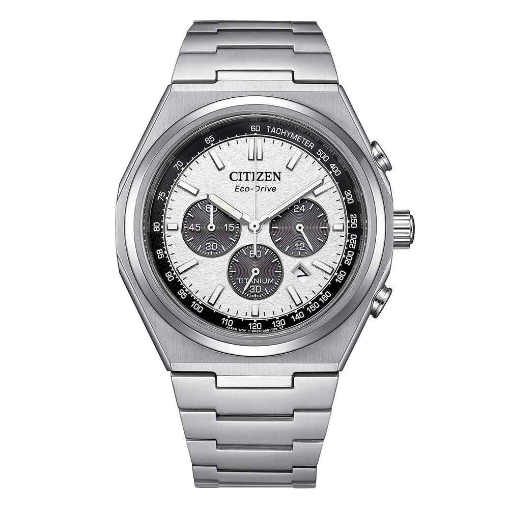orologio Citizen Crono Super Titanium CA4610-85A, in super titanio, vetro zaffiro, quadrante bianco, cronografo, subacqueo 100m