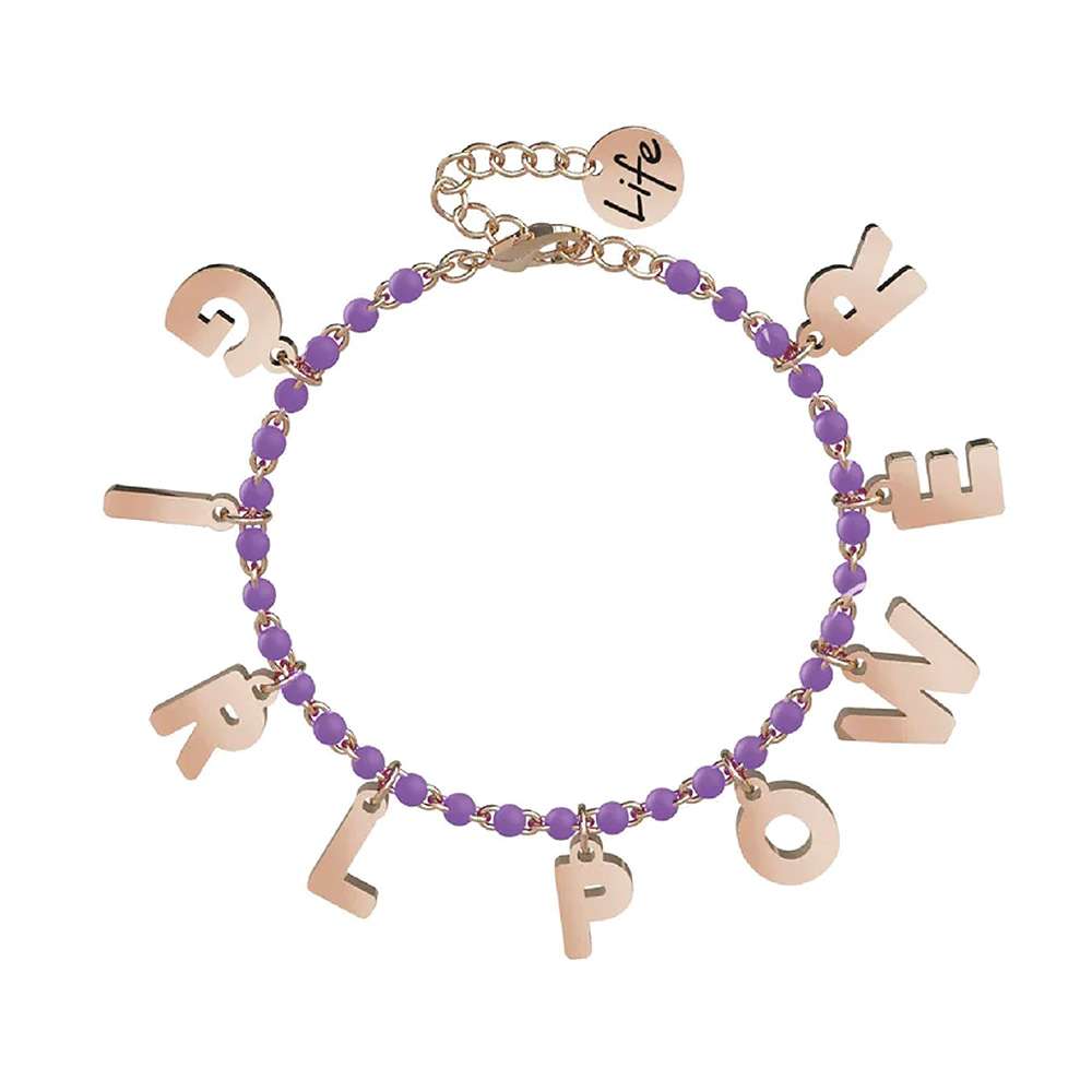 bracciale Kidult Girl Power 731583, modello a catena regolabile, in acciaio rosato e smalto lilla