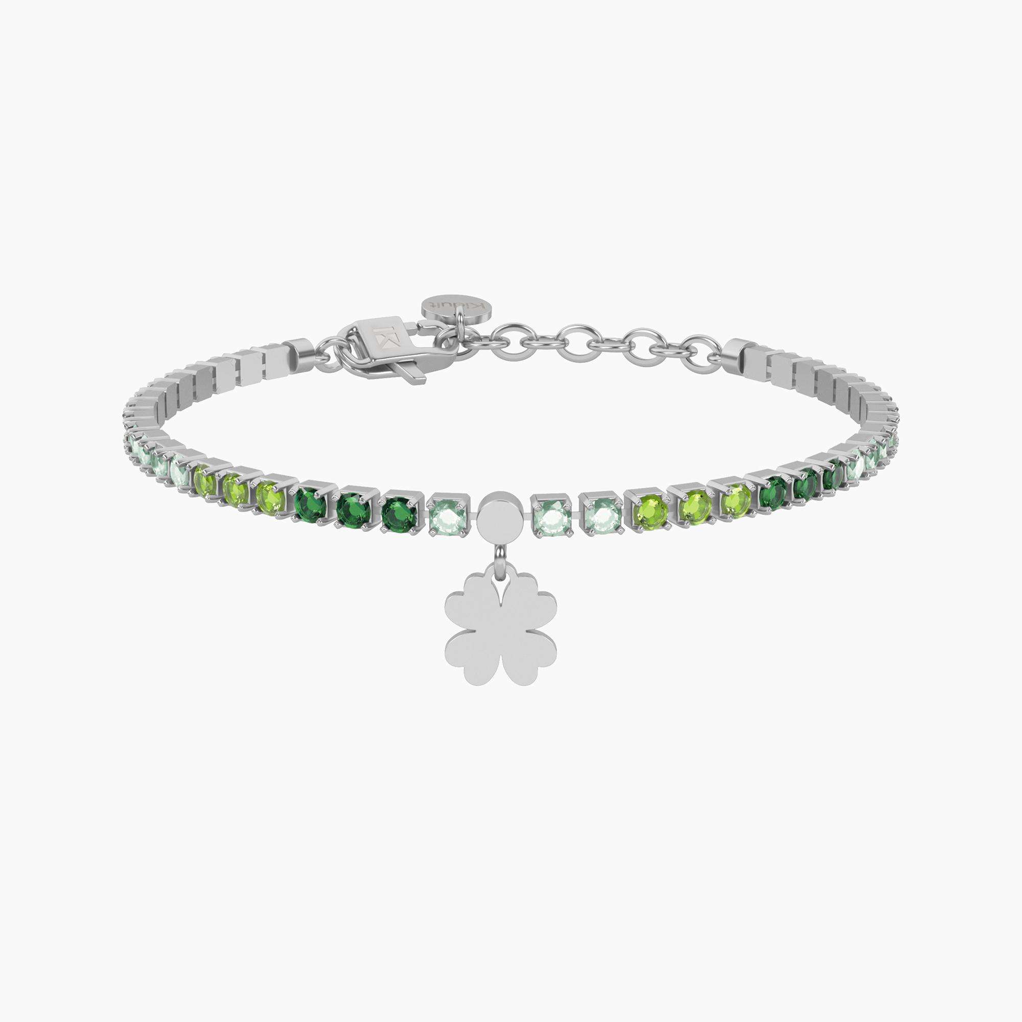 bracciale Kidult style tennis quadrifoglio 732324, in acciaio anallergico e pietre verdi