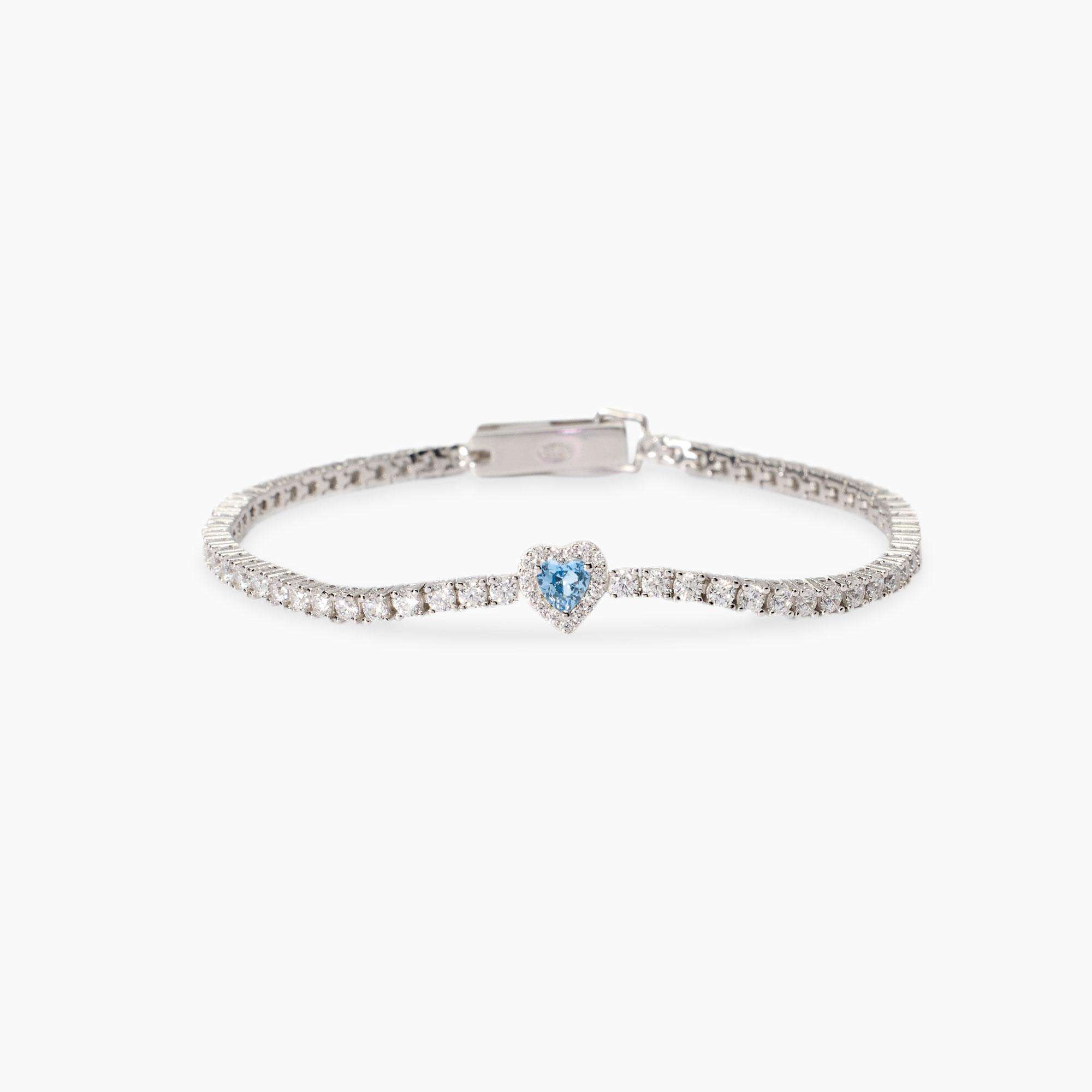 bracciale Mabina tennis cuore azzurro 534107, in argento e zirconi con cuore azzurro centrale, disponibile in due misure