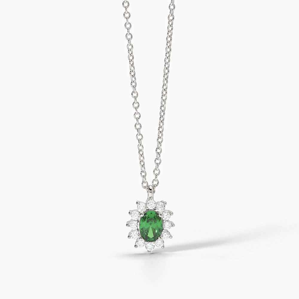 collana Mabina Kate verde 553645, girocollo in argento, smeraldo sintetico ovale e contorno di zirconcini