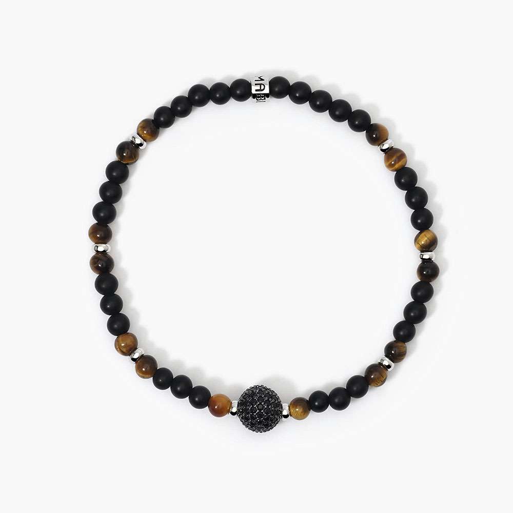 bracciale Mabina Uomo occhio di tigre 533726, modello elastico con agata nera, occhi di tigre, argento e zirconi neri