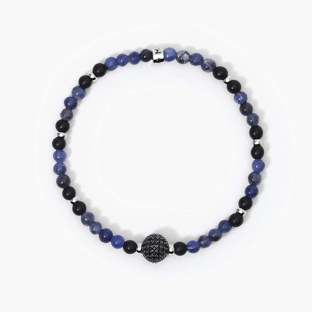 bracciale Mabina Uomo sodalite blu 533727, modello elastico con agata nera, sodalite blu, argento e zirconi neri
