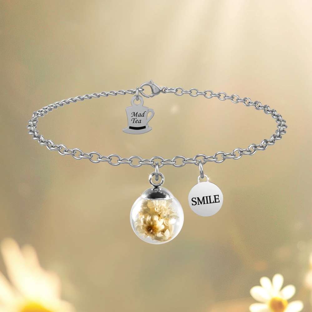 bracciale Margherita Smile GDB001, collezione Il Giardino dei Desideri di Mad Tea, in acciaio, vetro e vere margherite stabilizzate, regolabile in lunghezza