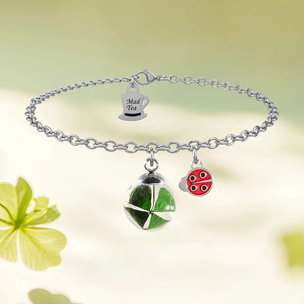 bracciale Quadrifoglio Fortuna GDB002, collezione Il Giardino dei Desideri di Mad Tea, in acciaio, vetro e vero quadrifoglio stabilizzato, regolabile in lunghezza