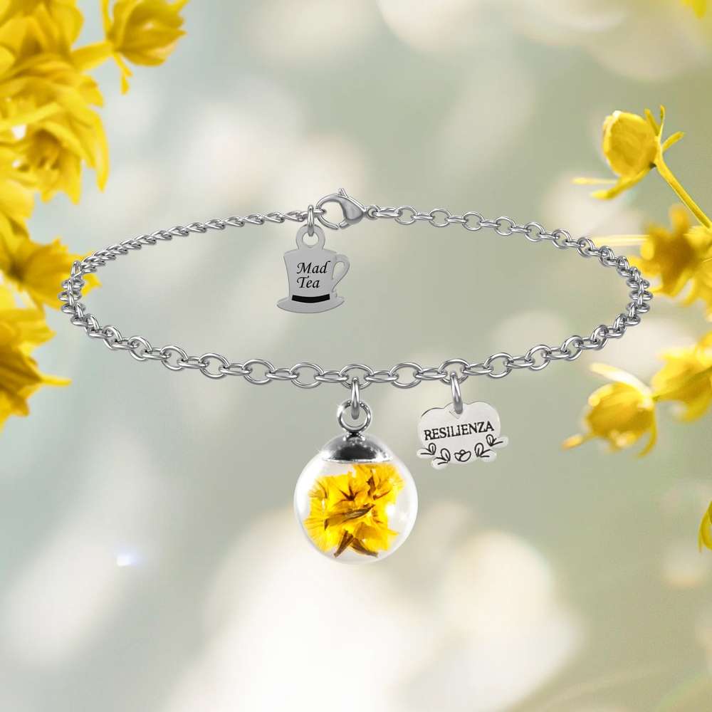 bracciale Limonio Resilienza GDB004, collezione Il Giardino dei Desideri di Mad Tea, in acciaio, vetro e veri fiori stabilizzati, regolabile in lunghezza