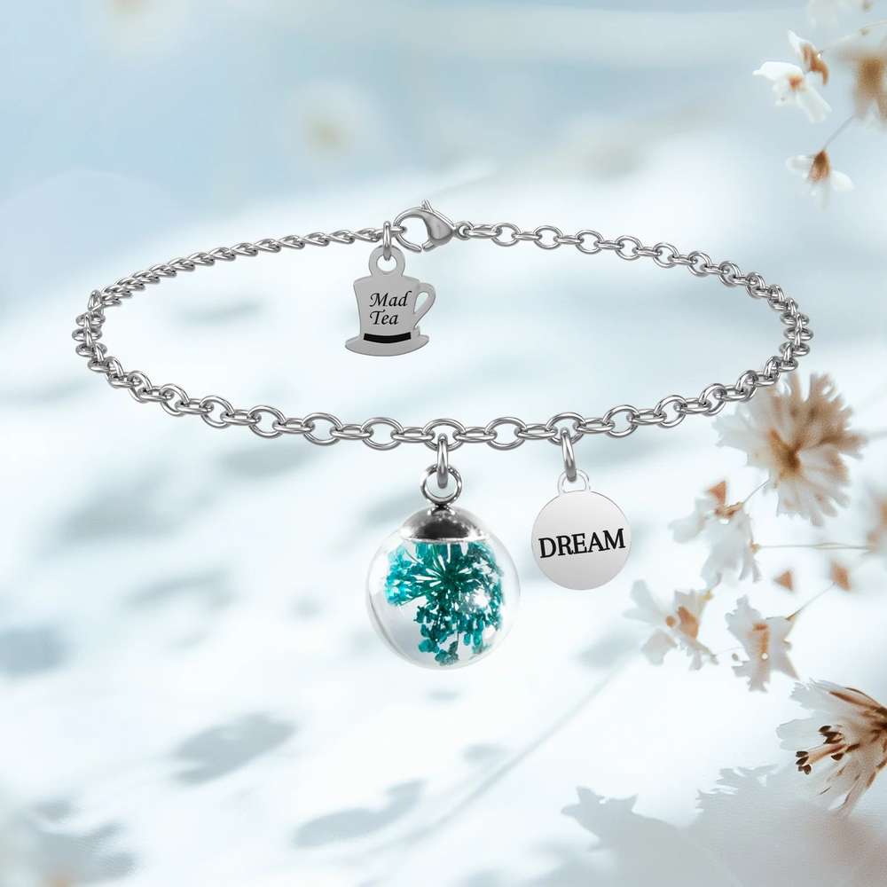 bracciale Pizzo della Regina GDB007, collezione Il Giardino dei Desideri di Mad Tea, in acciaio, vetro e vero fiore stabilizzato, regolabile in lunghezza
