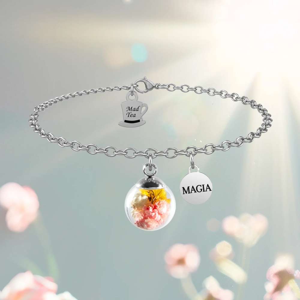 bracciale Fiori di campo GDB010, collezione Il Giardino dei Desideri di Mad Tea, in acciaio, vetro e veri fiorellini, regolabile in lunghezza