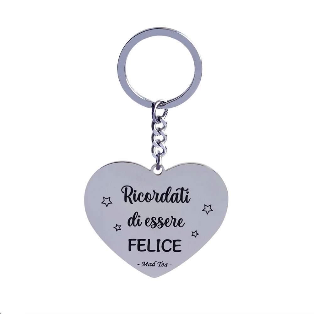 portachiavi Ricordati di essere felice, portachiavi da favola Mad Tea ppp001, in acciaio e smalto