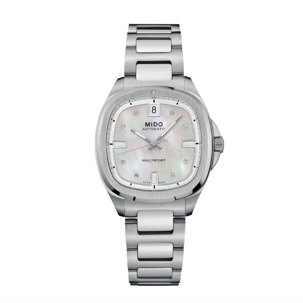 orologio Mido Multifort TV 35 M049.307.11.106.00, automatico 72 ore in acciaio, madreperla, diamanti, vetro zaffiro, subacqueo 100m
