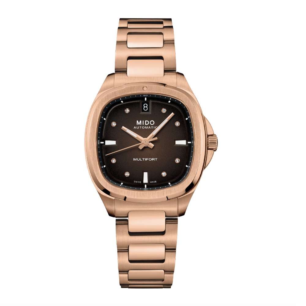 orologio Mido Multifort TV 35 rosato M049.307.33.296.00, automatico 72 ore in acciaio rosato, diamanti, vetro zaffiro, subacqueo 100m