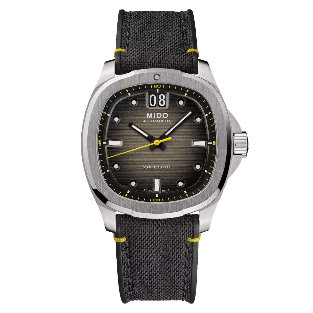 orologio Mido Multifort TV Big Date M049.526.17.081.01, automatico 80 ore, quadrante nero sfumato, cinturino gomma e tessuto