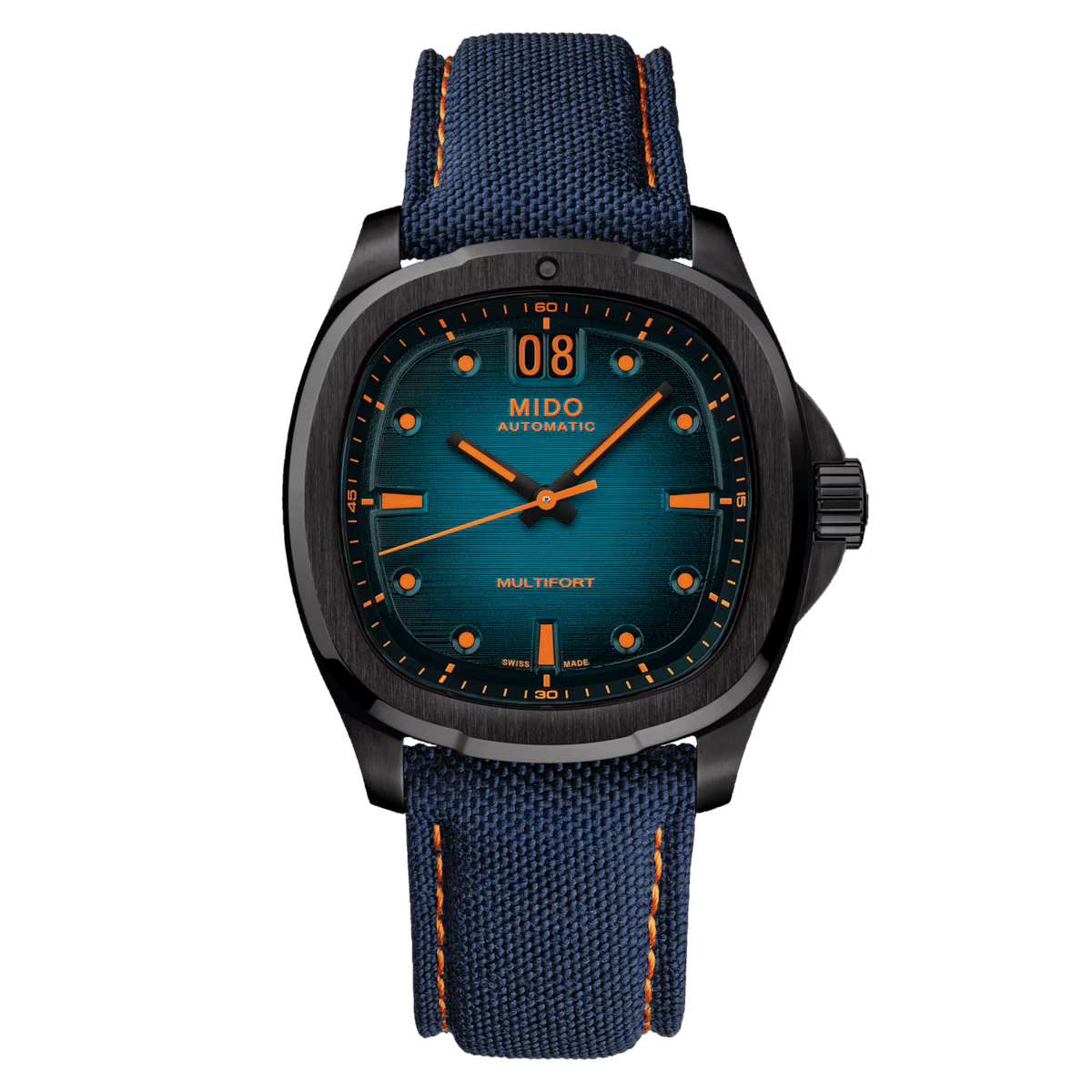 orologio Mido Multifort TV Big Date M049.526.37.041.00, automatico 80 ore, quadrante blu sfumato, cinturino gomma e tessuto blu e arancione