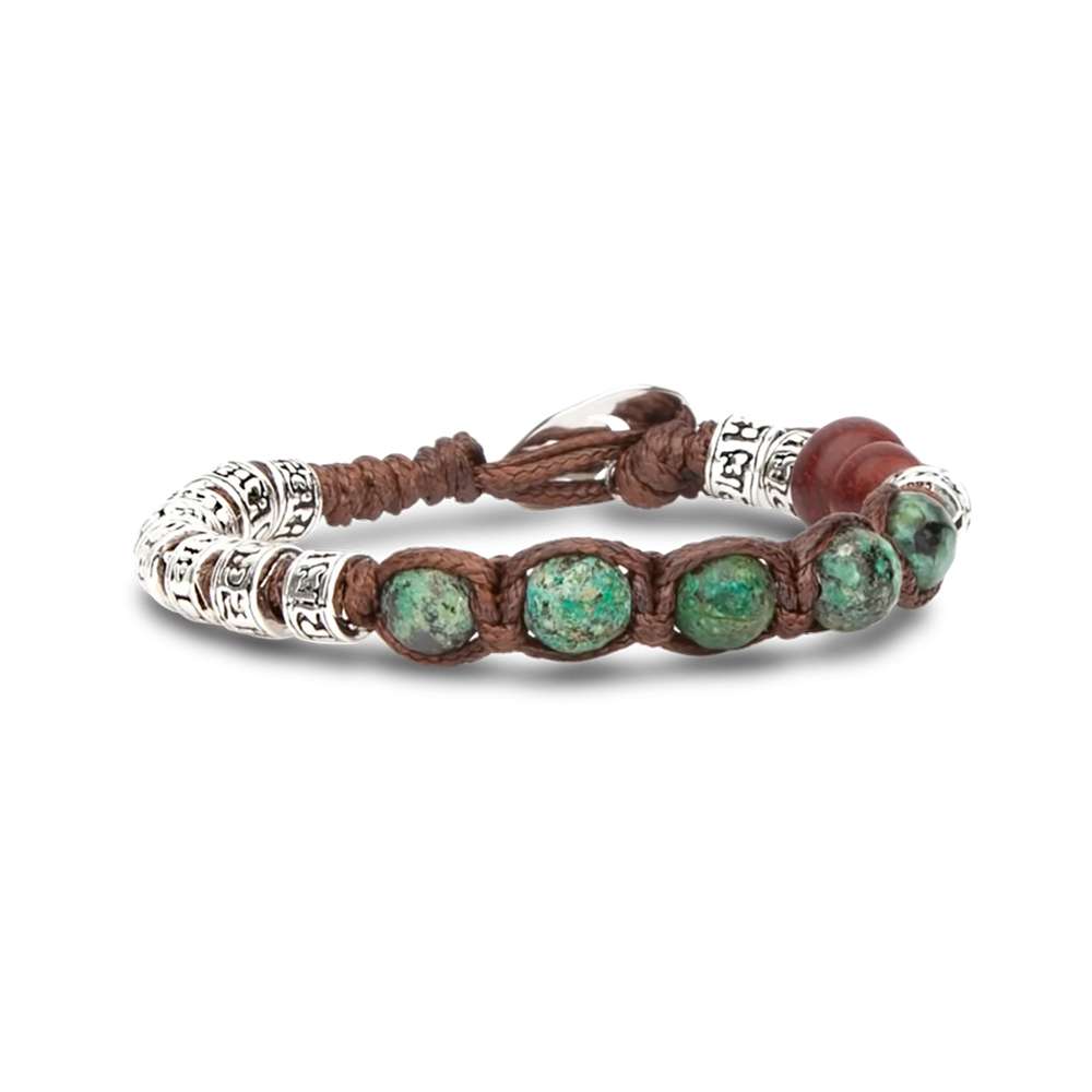 bracciale Tamashii cinque tibetani Turchese africano BHS924-S4-75, in argento, Turchese africano sfaccettata e cordino marrone, unisex