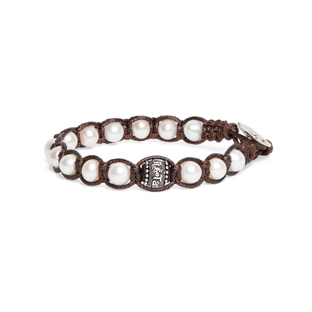 bracciale Tamashii perla naturale 6mm BHS1106-179, in perla naturale, argento e cordino marrone