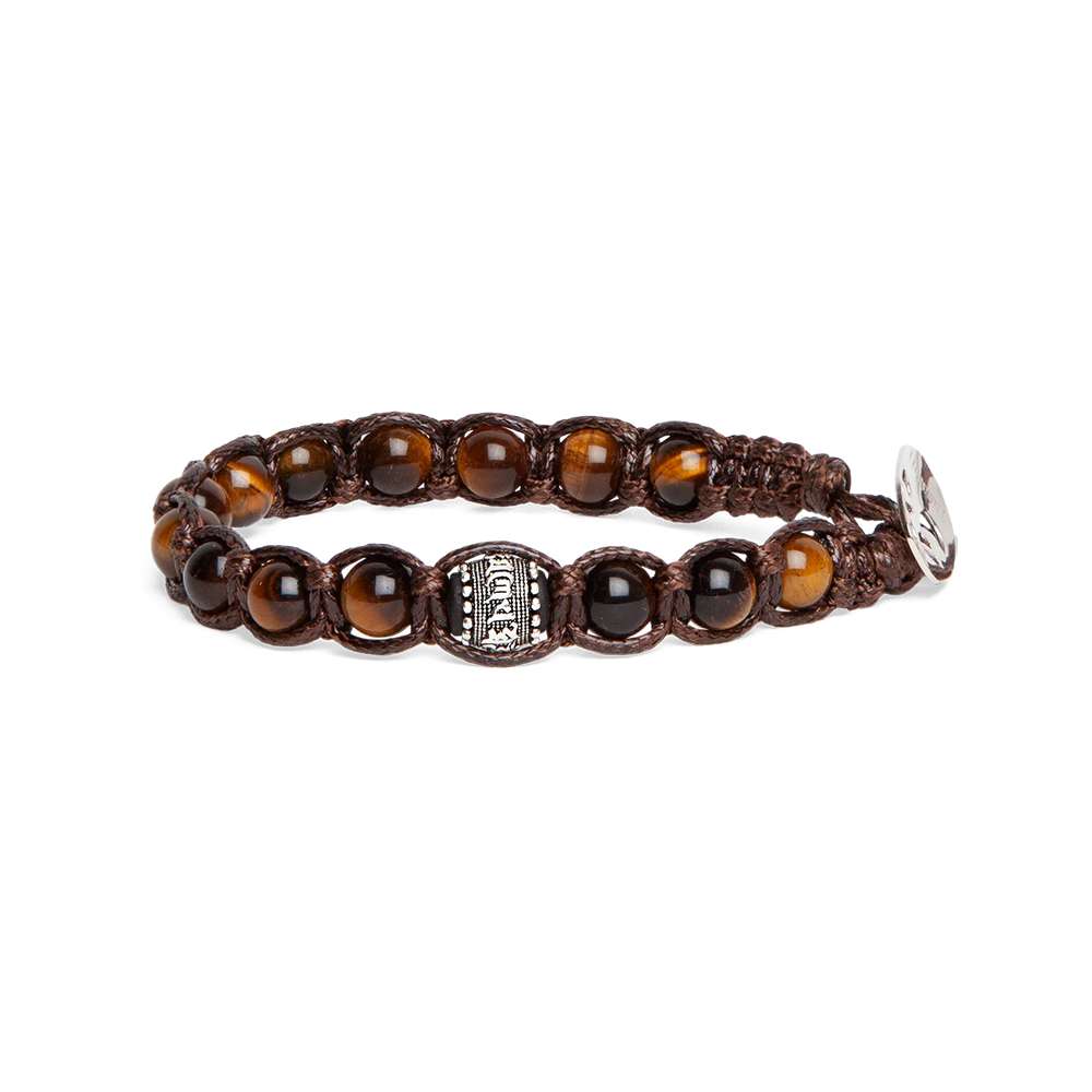 bracciale Tamashii occhio di tigre 6mm BHS1106-214, in occhio di tigre, argento e cordino marrone, unisex