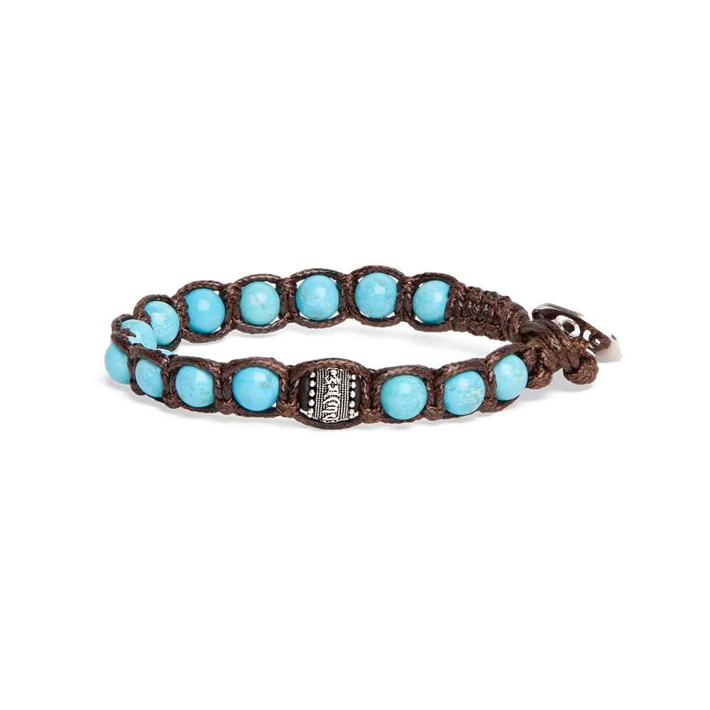bracciale Tamashii turchese 6mm BHS1106-7, in turchese, argento e cordino marrone, unisex