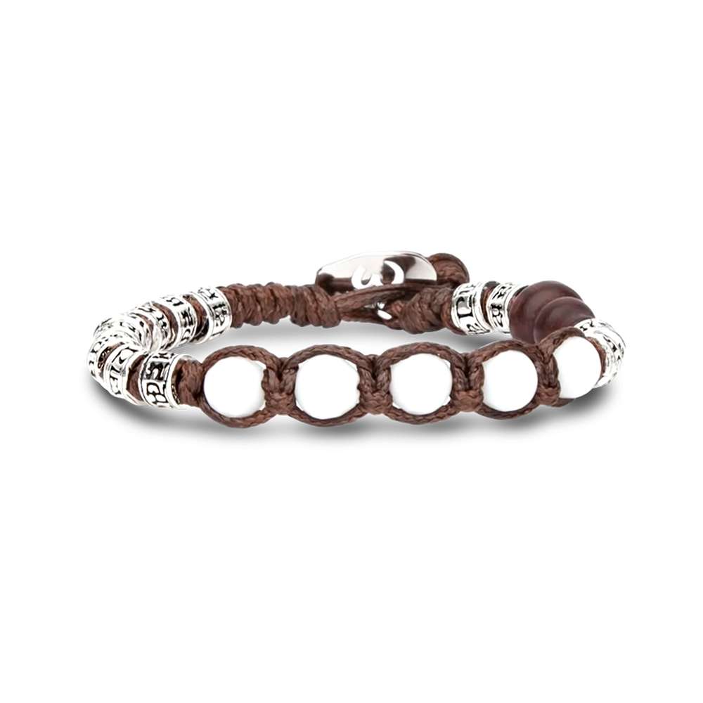 bracciale Tamashii cinque tibetani agata bianca BHS924-S4-14, in argento, agata bianca sfaccettata e cordino marrone, unisex