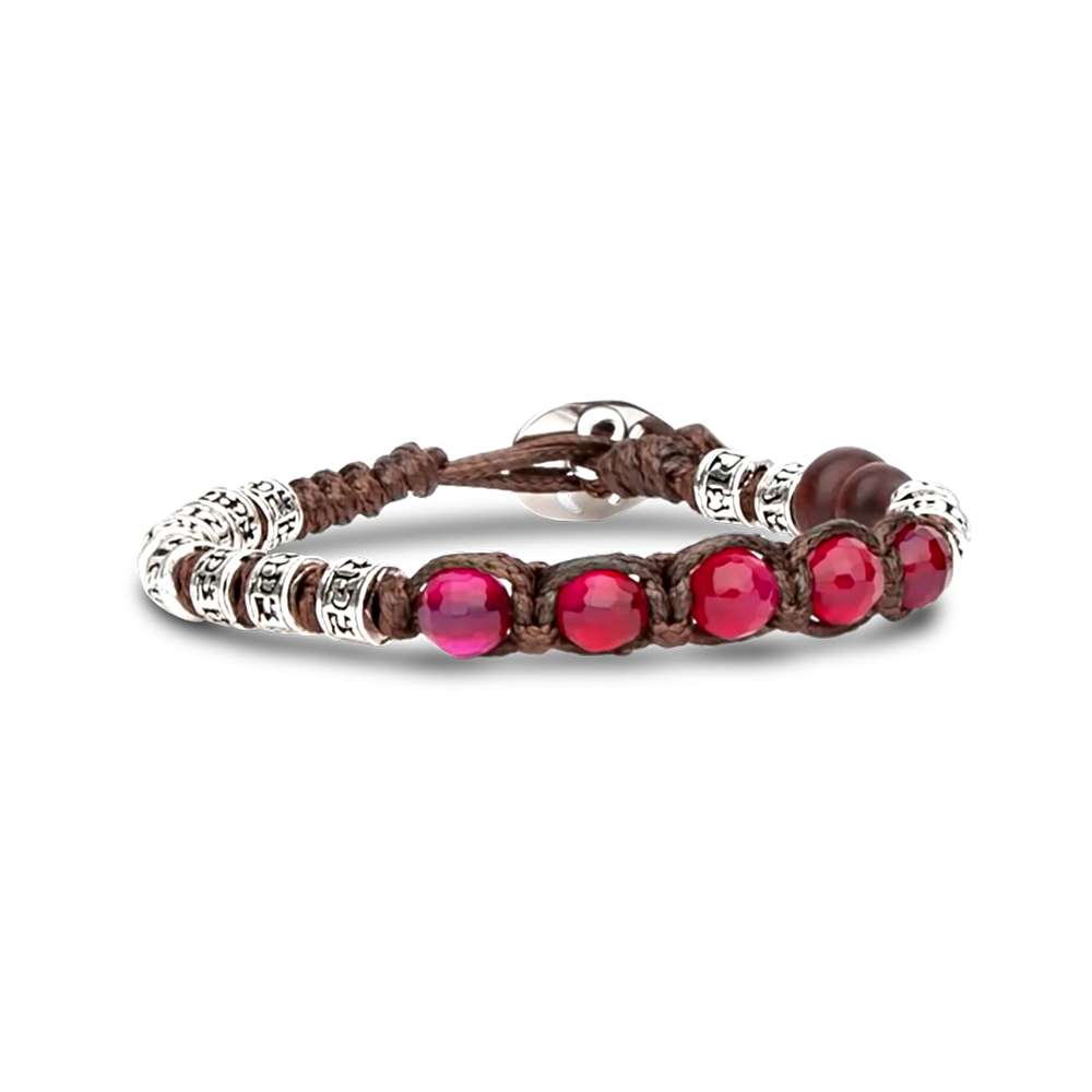 bracciale Tamashii cinque tibetani agata rossa BHS924-S4-34, in argento, agata rossa sfaccettata e cordino marrone, unisex